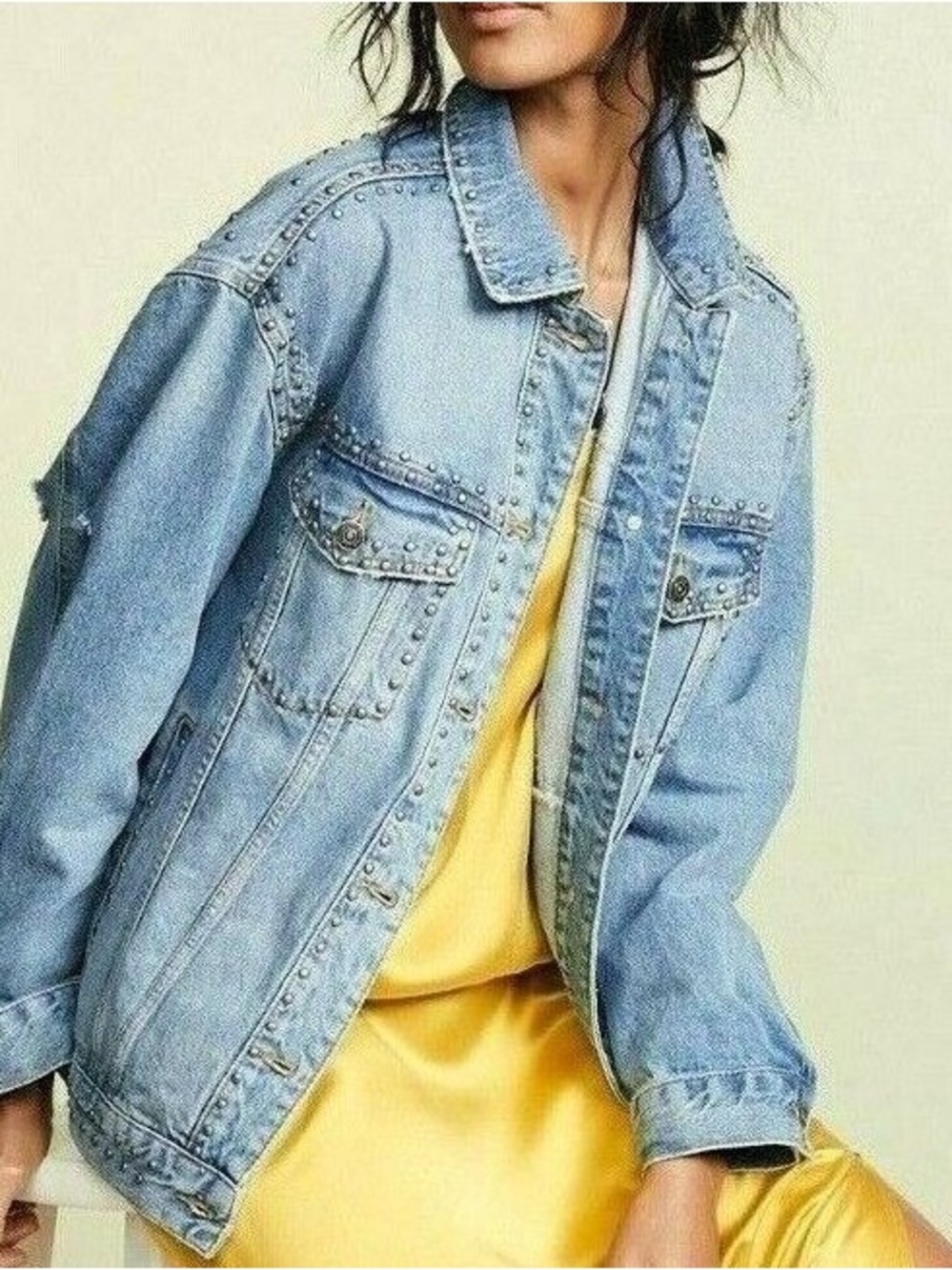Free People Light Blue Studded Denim Jacket 21in P2P